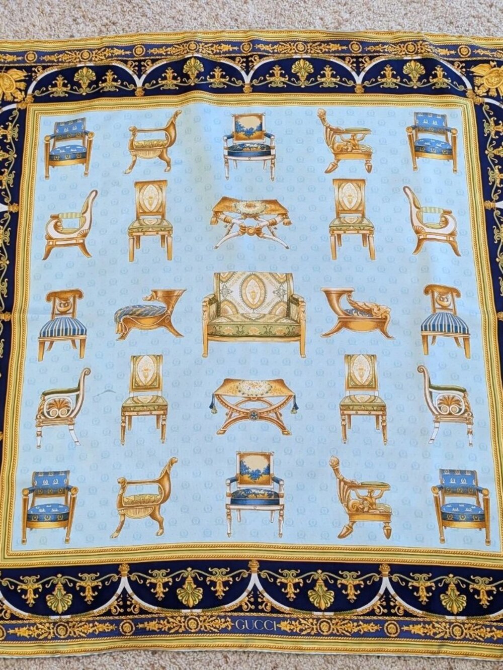 GUCCI Silk Scarf Chairs Print Gold Blue Green Botanical Rolled Edges 35" EUC